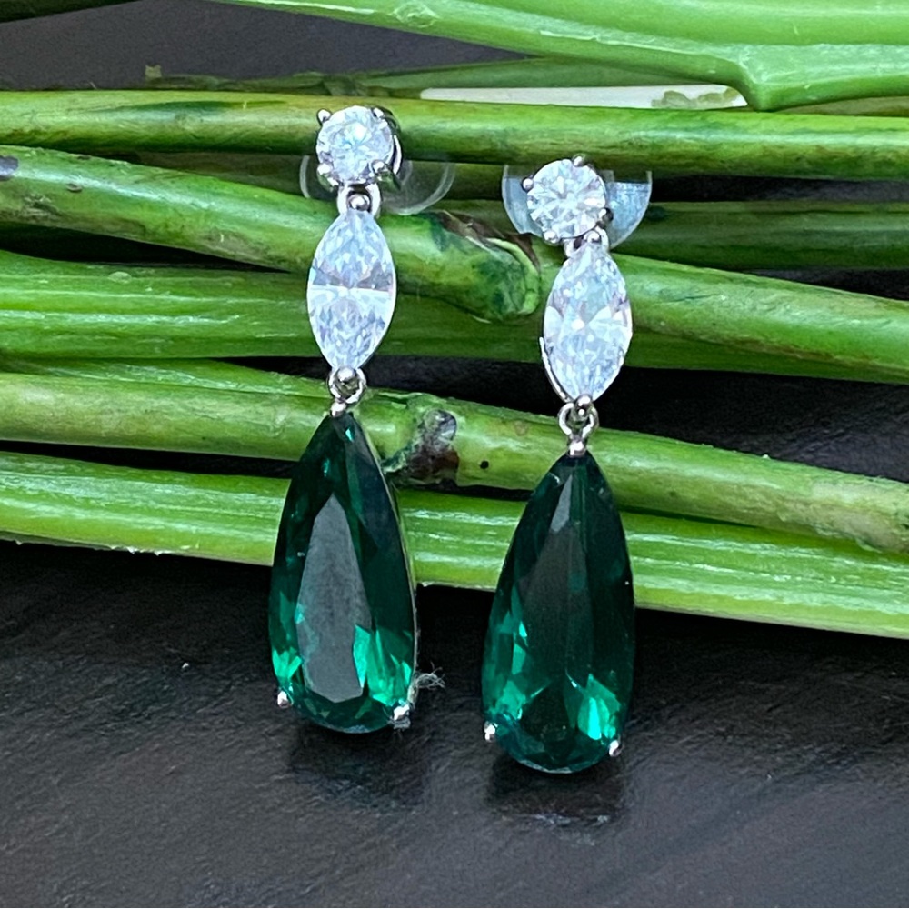 Signed Teardrop Lab Emerald Silvertone Drop Earri… - image 1